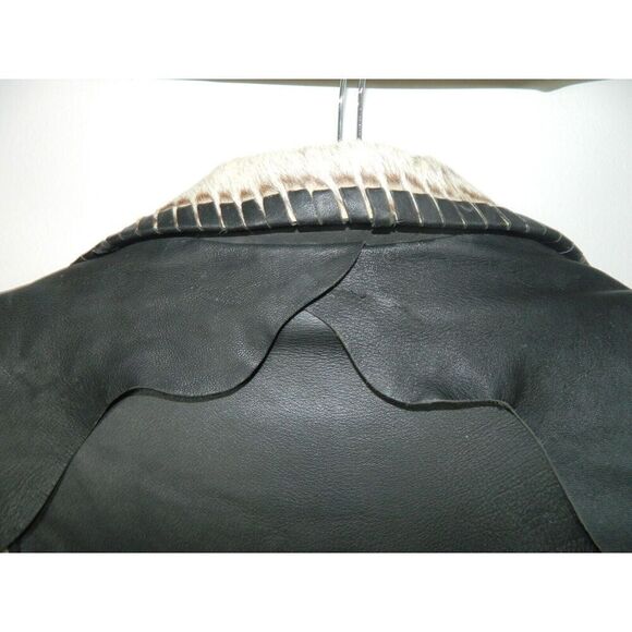 Vintage D. Frank Jacket Men Size‎ X-Large Black Leather White Fur Fringed Beaded - Picture 6 of 14